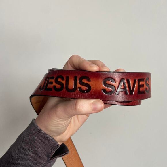 Vintage 70’s Jesus Saves Christian Fish Brown Leather Tooled Belt main image 4